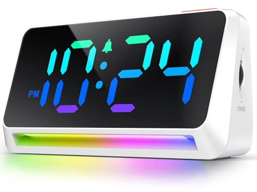 YsyYey Sveglia digitale con display LED RGB, allarme extra forte (95 dB) per dormire profondo, sveglia da comodino con luce notturna, porta di ricarica USB e luminosità regolabile, ragazzi e bambini