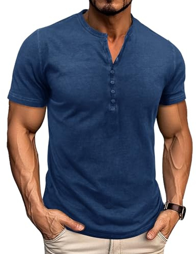 Aulemen Tee Shirt Homme Coton Confort Manches Courtes Henley T-Shirt Col V pour Homme M-3XL
