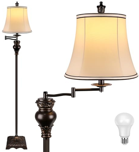 PARTPHONER Vintage Floor Lamps for Living Room,Traditional 350° Adjustable Swing Arm Farmhouse Floor Lamp for Bedroom, Rustic Standing Lamp Pole Lamps for Reading, Home Décor and Office, Brown