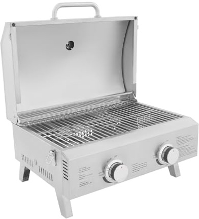 Bordsgasgrill 2 brännare i rostfritt stål, camping gasgrill rostfritt stål hopfällbar grill med lock 2 brännare bärbar bordsgasgrill BBQ campinggrill för terrass, balkong och trädgård