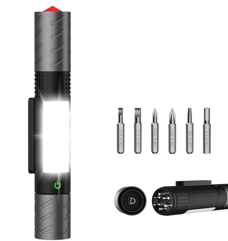 Karrong ficklampa LED med magnet COB rött och blått blinkande USB C uppladdningsbar extremt ljus zoombar taktisk ficklampa med batteri 7 lägen, vattentät för utomhus, camping, vandring, nödsituationer