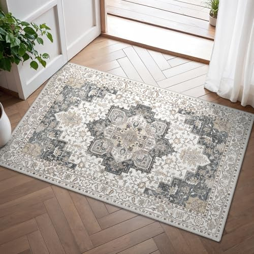GENIMO - Vintagematta 60 x 90 cm, halkfri, tvättbar, matta med kort lugg, för hall, entré, sovrum, grå