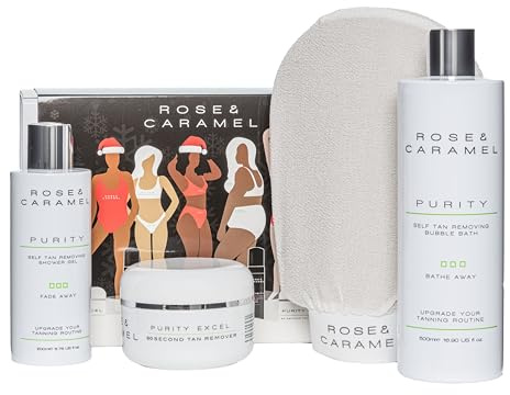 Rose & Caramel Purity Self Tan Remover Gift Set - Purity Excel 200ml, Purity Shower Gel Remover, Tan Removing Bubble Bath & Hammam Glove | Fake Tan Removal & Skin Prep Kit (Self Tan Remover Gift Set)
