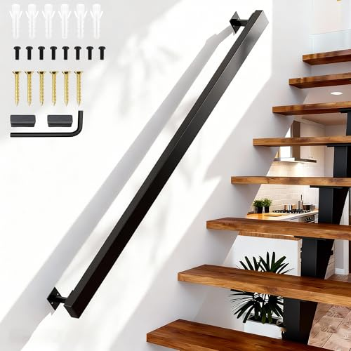 Handlauf Metall, Schwarz Matt Geländer Treppe Wandhandlauf Wand Innen und Außen mit Wandhalterung und Endkappen, Treppengeländer mit Zubehör, Handlauf Treppe für Treppen, Brüstung, Balkon (200cm)