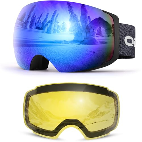 Odoland Maschera da Sci Grande Lente Sferica Senza Cornice con Lente Intercambiabili Magnetico, Occhiali da Sci OTG Disegn per Adulti e Giovani, Nero Blu VLT15% e Giallo VLT86%