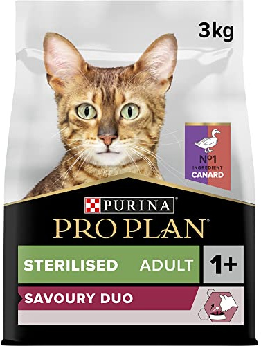PURINA PRO PLAN | Savoury Duo | Aliment Complet pour Chat Adulte Stérilisé | Favorise le bien-être urinaire, à teneur élevée en protéines | Riche en Canard et Foie | Croquettes| Sac | 3Kg
