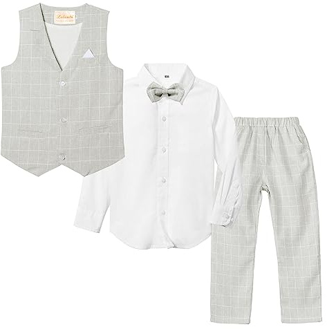 LOLANTA 4 pièces Ensemble Habillé Garçons, Enfants Cérémonie Gilet Chemise Pantalon et Nœud Papillon(Gris, 8-9 Ans,Tag 140)