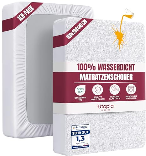 Utopia Bedding Matratzenschoner 180 x 200 x 30 cm Wasserdicht, Oeko-TEX Zertifiziert Matratzenauflage Atmungsaktive, Matratzenschutz, Rundum Elastisch Weiß