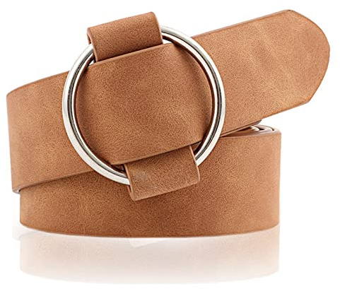 NiceYnn 3cm de Large Ceinture Femme en Faux Cuir sans Aiguille pour Jeans Pantalon Robe Veste Réglable Couleur Uni Boucle Ronde Marron