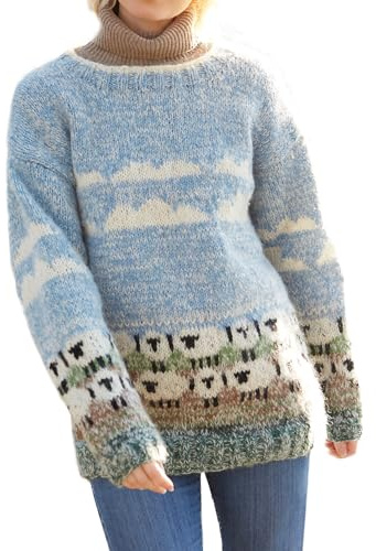 Pachamama Women Wool/Mohair Jumper Handknitted Sheep Design Blue Handmade Warm Sweater Fair Trade (UK, Alpha, L, Regular, Regular)