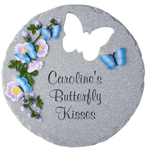 Let's Make Memories Personalized Garden Décor - Custom Garden Stone - Indoor/Outdoor - for Mom or Grandma - for Her - Engraved - Durable Resin - Butterfly Stone