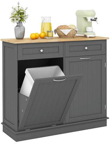 COSTWAY Sideboard with Trash Bin Hamper, Rubber Wood Top Tilt-out Trash Cabinet, Freestanding Storage Cupboard Unit for Kitchen Laundry, No Trash Can (Grey)