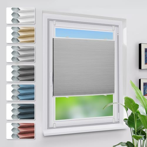 Grandekor Verdunklungsplissee Wabenplissee ohne Bohren Weiß-Hellgrau 55x130cm (BxH) Klemmfix Plissee ohne Bohren Verdunkelung Thermo Rollo Wärmedämmung, Privatsphäre - & Sonnenschutz