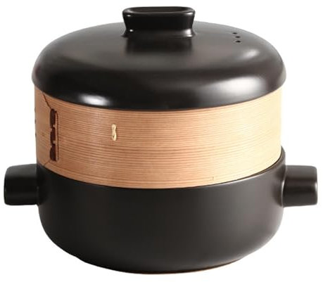 RSBFER Cazuela Japonesa, cazuela de cerámica, Olla de Barro, Olla para guisar al Vapor con Cesta vaporera, Antiadherente, Resistente al Calor,Negro,2.5L