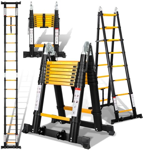Eulenke Echelle Telescopique 5m/2,5m+2,5m, échelles télescopiques avec stabilisateur et Roues, Charge maximale:150 kg, escabeau telescopique en Aluminium 8+8 Echelons Antidérapante, Noir et Jaune