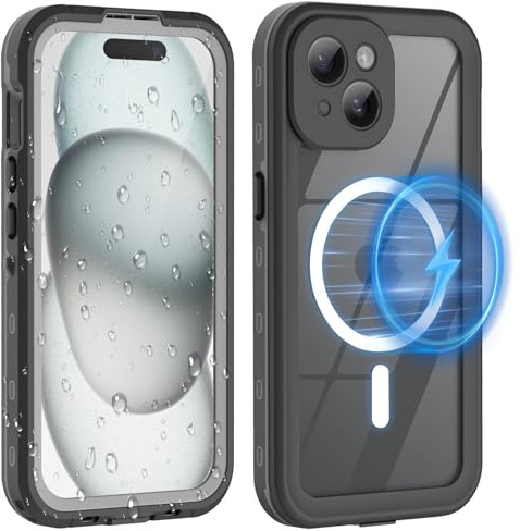 WindRen für iPhone 15 Hülle Wasserdicht für MagSafe, 360 Grad Outdoor Schutzhülle mit Displayschutz, Wasserfest Handyhülle Staubdicht Stoßfest Panzerhülle für iPhone 15 Case 6,1 - Schwarz