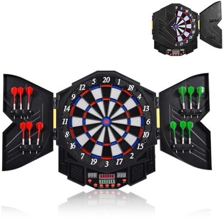HOMASIS Jeu de Fléchettes Électronique avec 12 Fléchettes Écran LED, Cible Électronique Pliable avec 27 Jeux et 216 Variantes pour 1-8 Joueurs,Cible de fléchettes Numérique dans Bar, Maison,Bureau