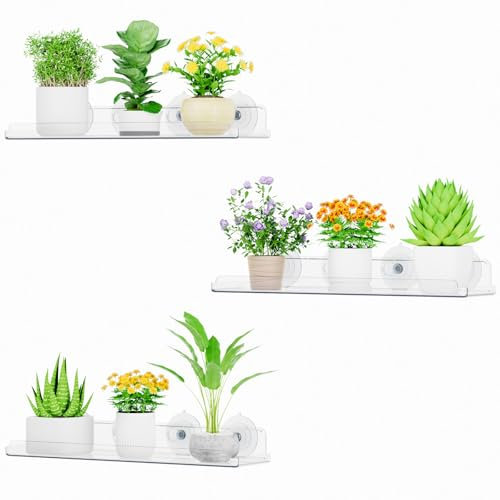 Lifewit Ripiani Galleggianti per Piante da Finestra, 3 Confezioni di Ripiani a Ventosa in Plastica da 38 cm, Estensione del Davanzale della Finestra per Piante Grasse da Interno, Microverdura