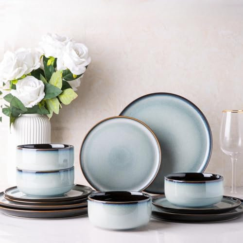 LeRatio Dinner Set for 4, 12 Piece Stoneware Plates and Bowls Set, Chip & Scratch Resistant Reactive Glazed Dinnerware Set, Dishwasher & Microwave Safe Crockery Set (Ocean Blue, Service for 4)