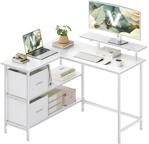 VASAGLE L-Shaped Desk with 2 Spacious Drawers, Gaming Desk with Monitor Stand, Corner Desk, Computer Desk with Adjustable Storage Shelf, for Home Office, Maple White LWD097W01