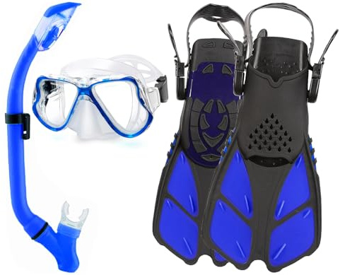 DiVLMT Kids Snorkel Set for Ages 6-14,Snorkeling Gear for Kids with Adjustable Flippers Anti-Fog Swimming Goggles Snorkel Set with Bag,5-14 Years