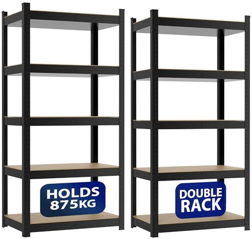 ZENO 5-Tier Garage Shelving Units | Set of 2 Shelving Units | Heavy Duty Garage Shelving | Shelving Units For Storage | Metal Storage Shelves | Easy To Assemble | 875KG Load Capacity (Black, Large)