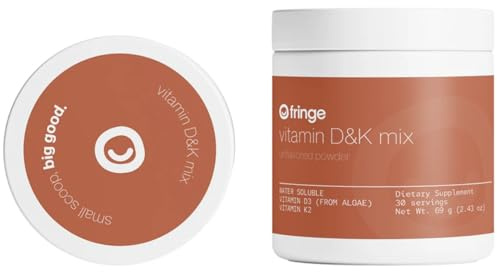 Fringe Vitamin D3 and K2 Mix Powder, Water Soluble Bio-Available, D3 from Algae, Vitamin K2 MK-7 from Natto, Vegan, Unflavored (30 Servings, Vitamin D & K Mix)