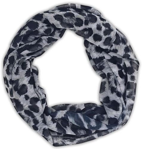 styleBREAKER Damen Loop Schlauchschal mit Leoparden Muster | Leichter Sommerschal aus Viskose | Halstuch für Frühling und Sommer - Weich und Luftig, Farbe:Grau-Schwarz