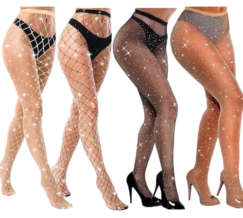 Pluvyze 4 Pezzi Donna Calze A Rete Con Strass E Glitter,Collant A Rete Elasticizzate A Vita Alta Con Strass Scintillanti Bling Bling, Calze A Rete Con Strass