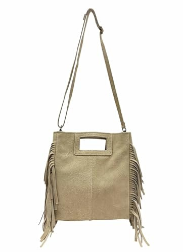 Borsa a tracolla in pelle scamosciata con frange in pelle scamosciata borsa pelle Leo Made in Italy, Modela beige