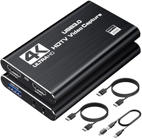 4K HDMI Capture Card for Streaming, 1080P 60FPS USB 3.0/Type-C Game Video Capture Card with 4K HDMI Loop-Out, Includes 2pcs HDMI Cables & USB Cable, Works for PS5/PS4/Switch/Xbox/PC/Camera/OBS (Black)