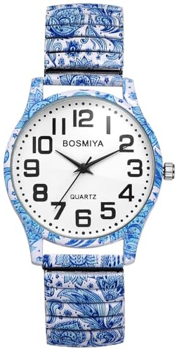 Oidea Stretch Band Watches for Women: Bohemian Print Elastic Strap Analog Quartz Wrist Watch Large Face Arabic Numerals Easy Reader Watches Casual Ladies Bracelet Watch