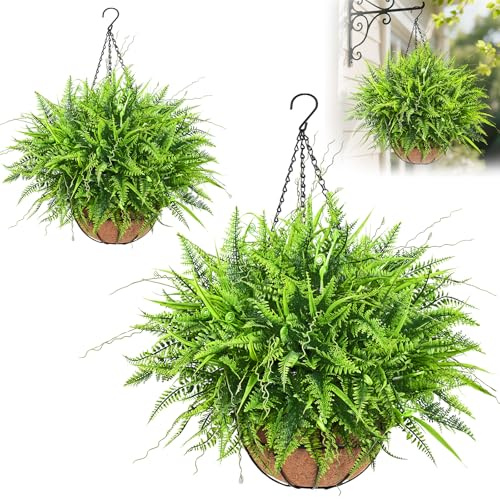 Yastouay 2 Pack Artificial Hanging Ferns for Outdoors, UV Resistant Fake Mixed Ferns with Hanging Baskets, Faux Ferns for Outdoor Planter for Garden, Spring Summer Decor for Home Front Porch Patio