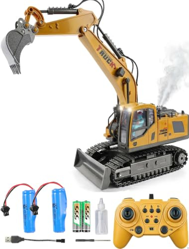 SHINESIGNAL RC Excavator Toy with 4*Battery Set, 13-Channel Remote Control Excavator for Boys 4-7 Alloy Bucket Metal Construction Vehicle with LED Lights, Sound and Water Spray Exhaust for Kids Gift