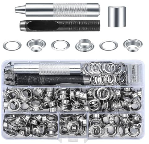 Lot de 120 œillets métalliques de 10 mm - Pince à œillets avec perforatrice et rondelles pour bâche, cuir, tissu, rideaux, couvertures de piscine