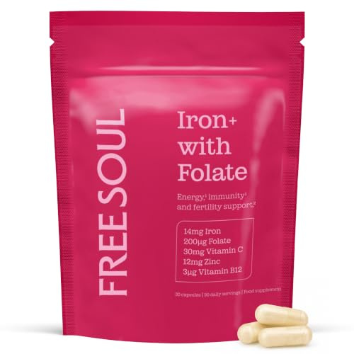 Iron Supplement High Strength with Folate, Vitamin C, Zinc & Vitamin B12 | 14mg Iron Bisglycinate Complex | Energy, Immunity & Fertility Support | Vegan, One Daily Capsule | 30 Capsules | Free Soul
