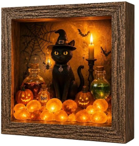 Halloween skuggram läskigt festtema LED-upplyst | Minnesbox häxa display fodral för nattduksbord mantel hylla fest familj vänner samlare
