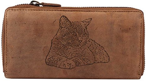 Greenburry Vintage Damen Geldbörse Braun mit Motiv der Britisch Kurzhaar Katze 19x2,5x10cm