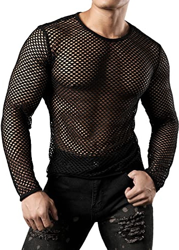 JOGAL Men's Mesh Fishnet Fitted Muscle Top (M, [Long Sleeve] Black)
