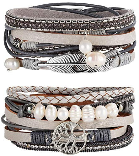 MILACOLATO 2Pcs Leather Wrap Cuff Bracelet Women Girls Multilayer Tree of Life Wristband Bracelet Magnetic Buckle Boho Bracelet Bangle Jewelry for Mother Friends Gray