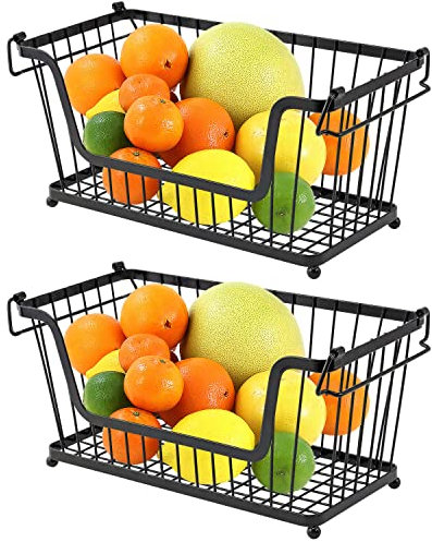Taylor & Brown Set of 2 Black Storage Stacking Wire Basket Stackable Shelves Vegetable Food Kitchen Storage Rack Stand Bathroom Multi-Purpose Organiser with Adjustable Handles