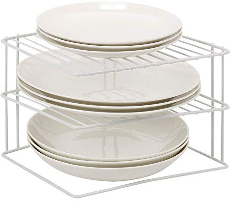 3 Tier Corner Kitchen Plate Rack, Tidy Cupboard Shelf Insert Organiser and Space Saver Unit - Premium Quality Great for organising Plates and Saving Cupboard Space (White)