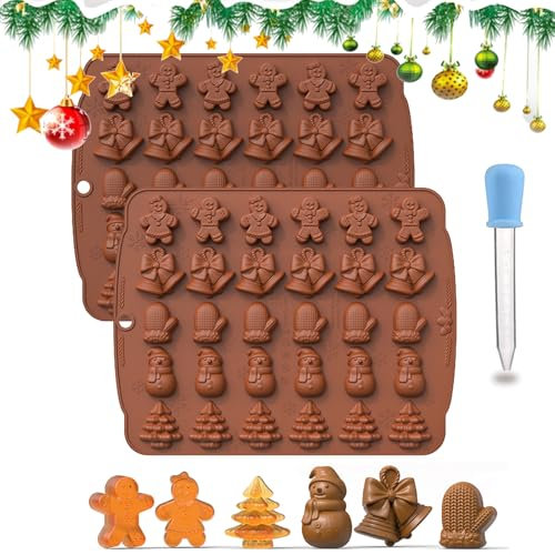 Gfamous 2 Weihnachten Schokoladenformen Silikon 6 Muster Pralinenform Weihnachten Silikon,Weihnachten Schokolade Form,3D-Schokoladenform für Weihnachten Backwerkzeuge (Braun)