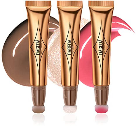 Prreal 3PCS Contour Highlighter Blush Beauty Wand with Soft Cushion Applicator, Smooth Creamy Matte Liquid Concealer Blush Highlighter Stick, Shimmer Long Lasting Body Face Pen for Makeup(01+04+07)