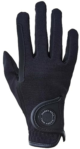 Harry Hall All-Season Junior Riding Gloves with Close Contact Nubuck Suede Palm & Stretchy Polyamide Upper - Secure Hook & Loop Fastening, Hand Wash Only - Black - LGE