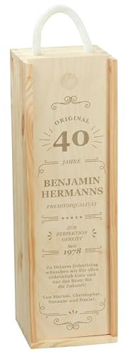 LAUBLUST Weinbox aus Holz für eine Flasche - Weinkiste als Geschenkbox personalisiert mit Gravur | Fünf Sterne Motiv - ca. 36x11x10cm | Holzkiste für Weinflasche, Seil Tragegriff - FSC®