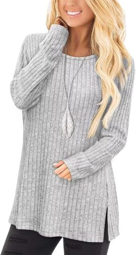 Jescakoo Damen Pullover Herbst Rundhals Langarmshirt Leichtes Oversize Sweatshirt Elegant Winter Strickpullover hellgrau L