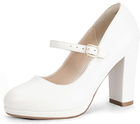 IDIFU White Heels Closed Toe Mary Jane Shoes Platform High Chunky Block Heels Pumps Comfortable Dress Shoes for Women Wedding Bridal Prom Guest Dressy Fashion Round Toe Pumps Shoes(White Pu, 10)