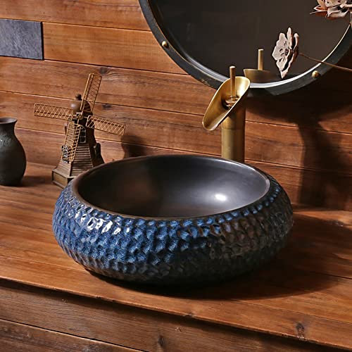 CCYENG Ceramic Art Bathroom Vessel Sink Round, Industrial Style Sink Retro For Cloakroom Bathroom, Hand-carved Counter Top Washbasin 45 * 45 * 15cm