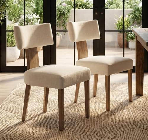 Ya-Home Dining Chairs Set of 2 Upholstered Kitchen Chairs Retro Linen Fabric with Wooden Legs for Dining Room/Living Room, Beige